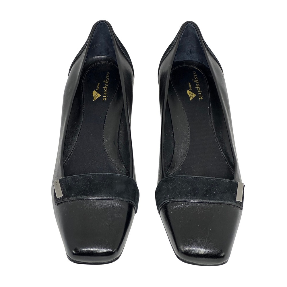 Easy Spirit Pumps Black Square Toe Suede Trim Low Block Heel Shoes 8.5W Women